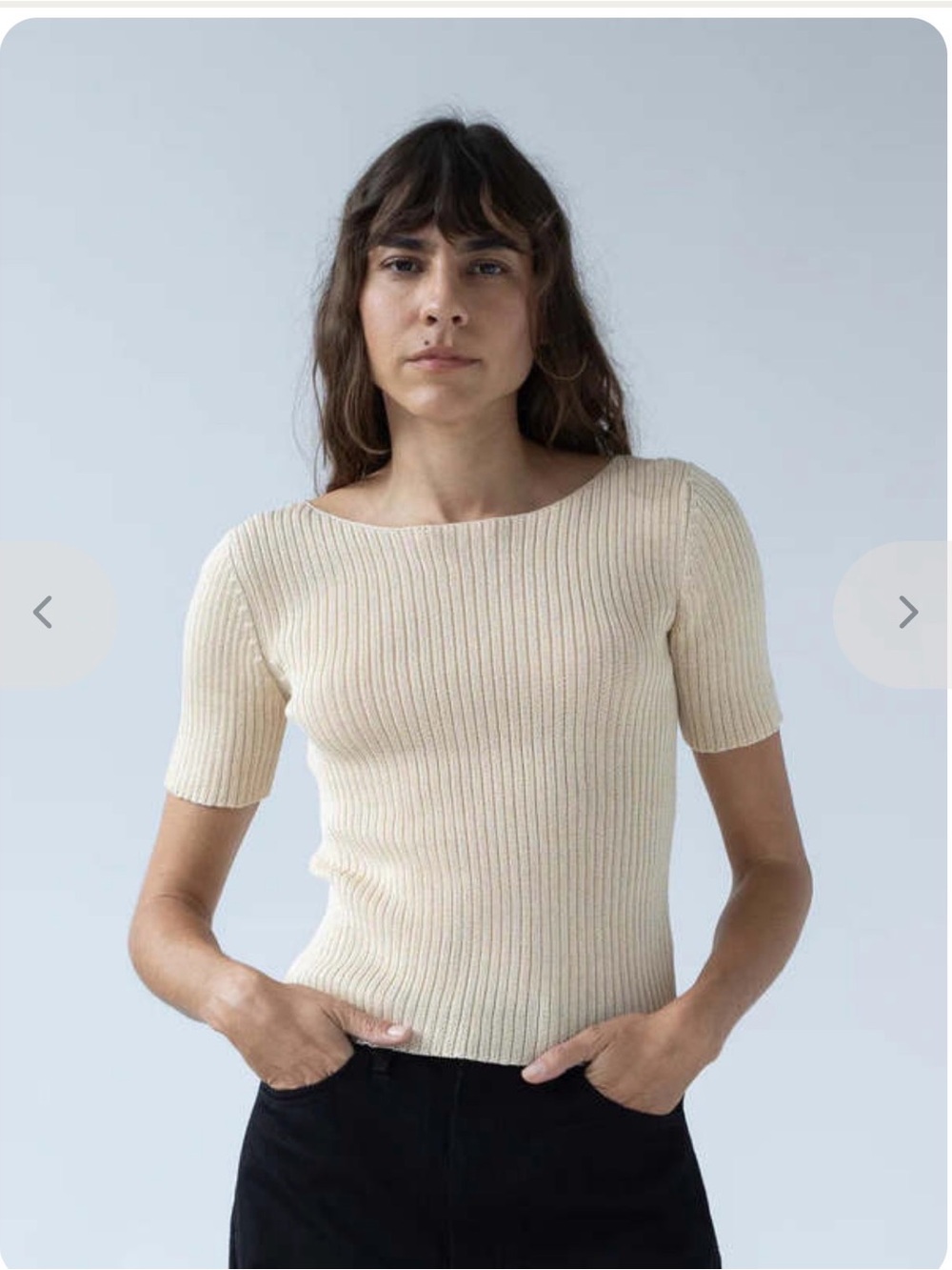 Ribbed Short-Sleeve Knit Tee in Light Beige - Picture 2 of 6